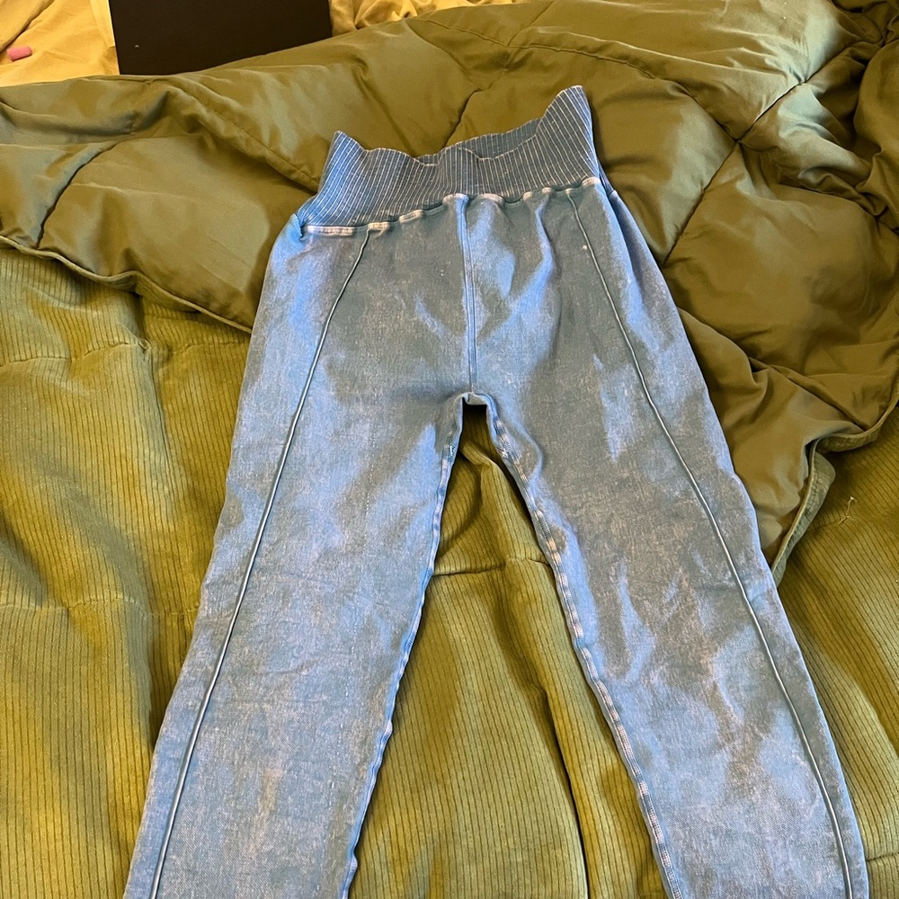 Free people high waisted leggings. Blue denim like wash